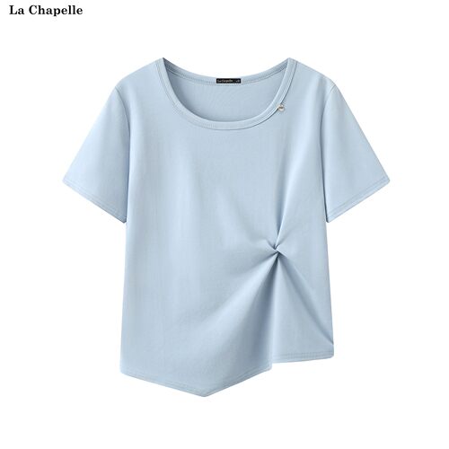 拉夏贝尔/La Chapelle夏季新款百搭舒适U领短袖T恤不过则扭结上衣