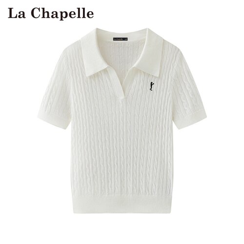 拉夏贝尔/La Chapelle夏季新款POLO领娇花时尚刺绣针织修身短袖女