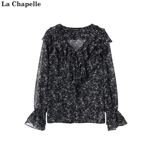 拉夏贝尔/La Chapelle秋季新款法式气质V领黑色碎花通勤长袖衬衫