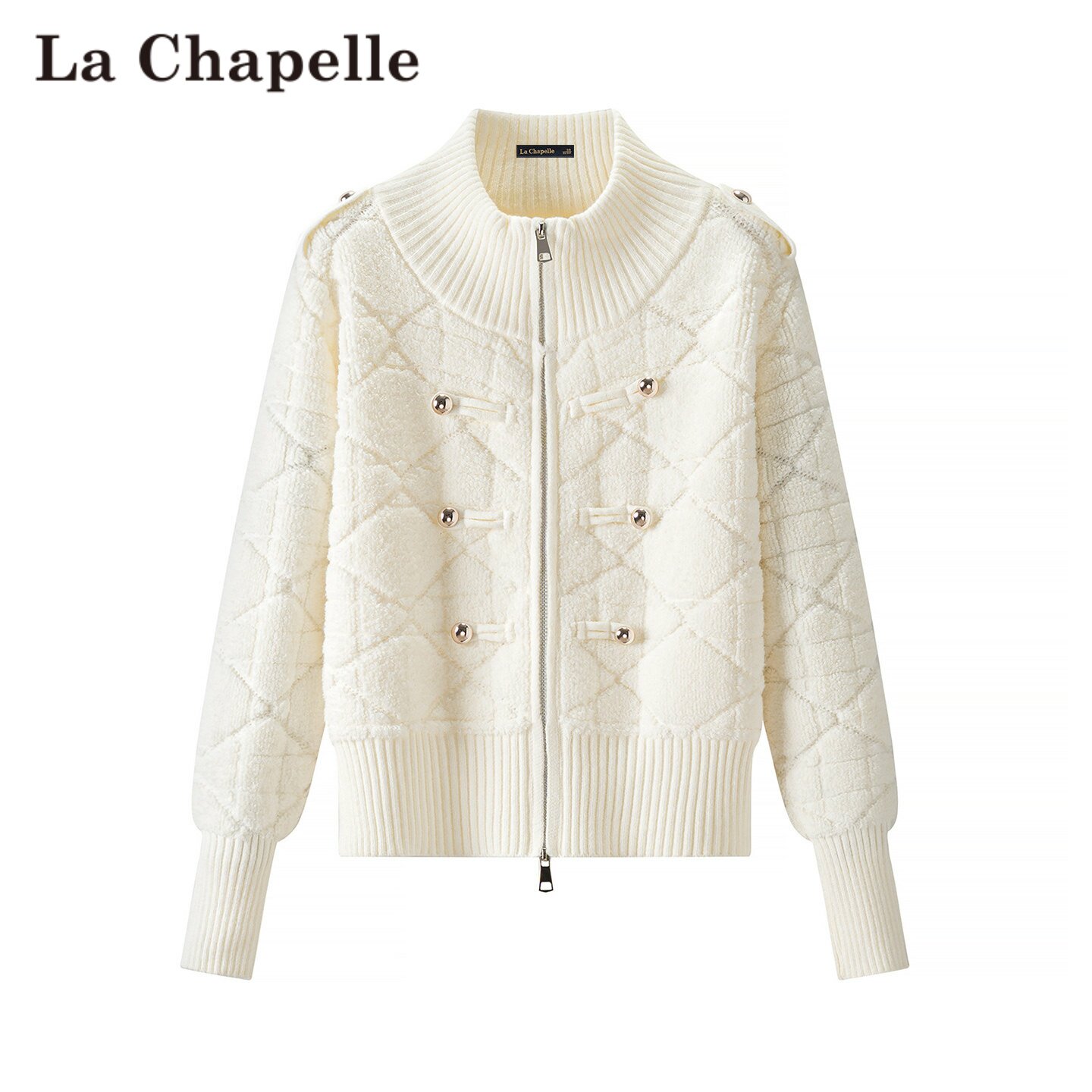 拉夏贝尔/La Chapelle立领双排扣拉链针织开衫女白色保暖毛衣外套