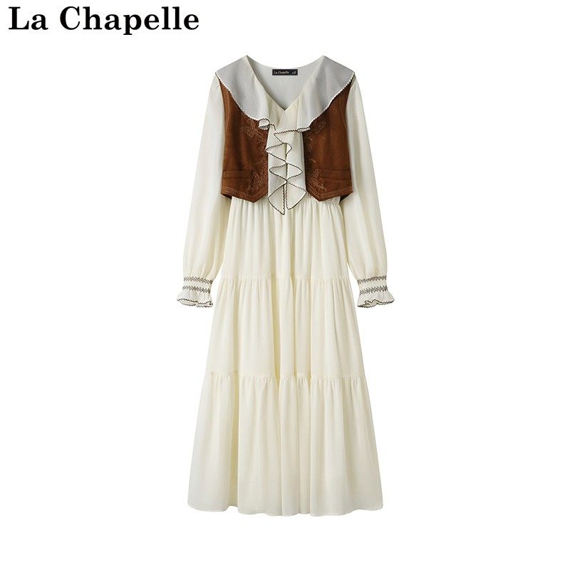 拉夏贝尔/La Chapelle秋季新款法式复古马甲长袖连衣裙气质两件套