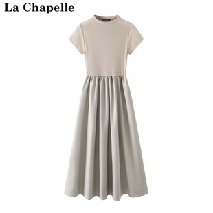 新款 Chapelle春季 拉夏贝尔 短袖 拼接格雷系针织连衣裙半高领女