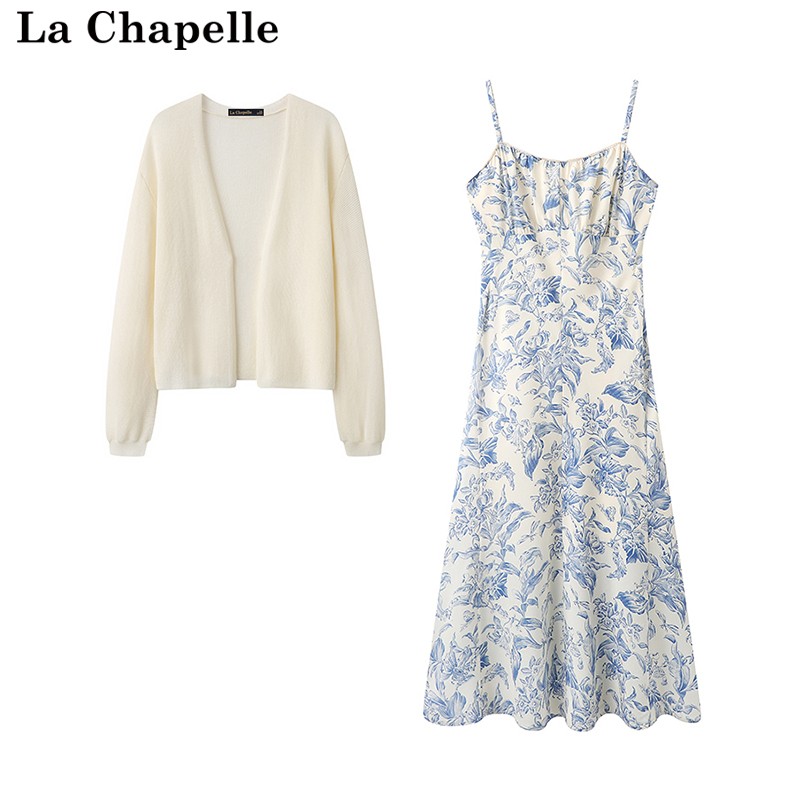 拉夏贝尔/La Chapelle春季新款甜美碎花吊带裙针织开衫外套两件套