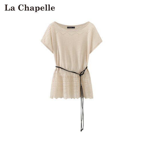 拉夏贝尔/La Chapelle春夏新款高级感圆领上衣镂空收腰系带短袖女