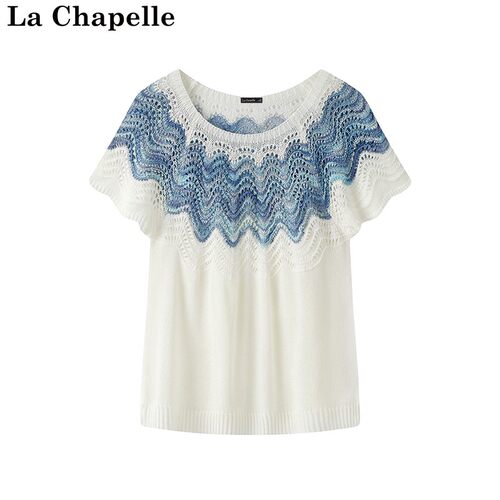拉夏贝尔/La Chapelle夏季新款法式圆领拼接镂空修身显瘦针织短袖