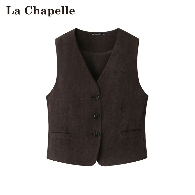 拉夏贝尔/La Chapelle秋冬新款V领休闲风单排扣复古叠穿无袖马甲
