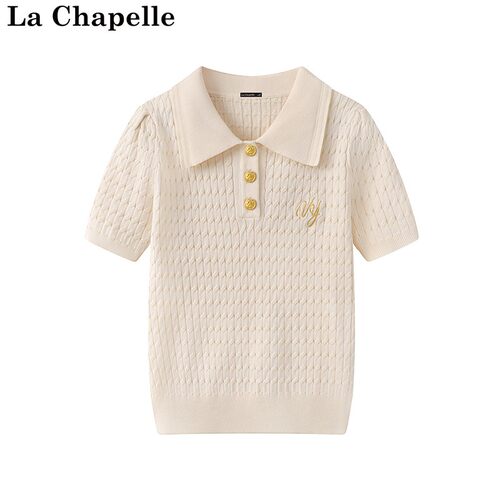 拉夏贝尔/La Chapelle夏季新款纯色翻领复古绞花刺绣短袖针织衫女