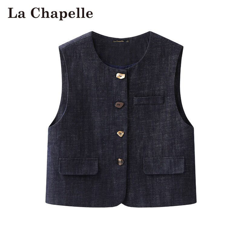 拉夏贝尔/La Chapelle春季新款复古风圆领单排扣无袖叠穿气质马甲