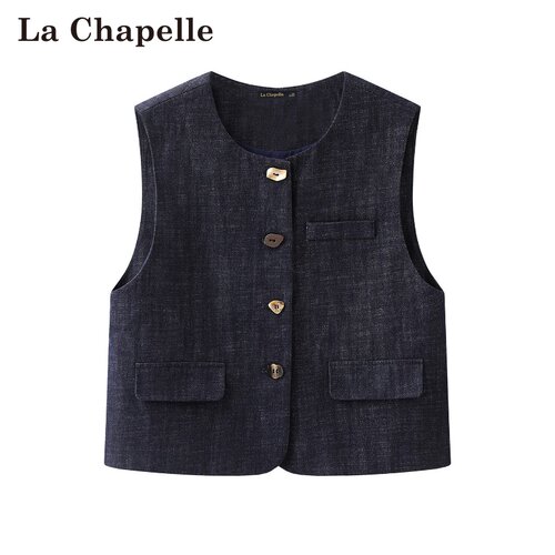 拉夏贝尔/La Chapelle春季新款复古风圆领单排扣无袖叠穿气质马甲