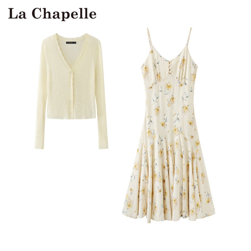 拉夏贝尔/La Chapelle春夏新款两件套纯色针织外套碎花吊带裙子女