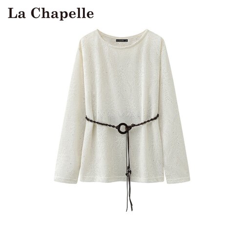 拉夏贝尔/La Chapelle春夏新款韩式圆领镂空罩衫收腰系带针织上衣