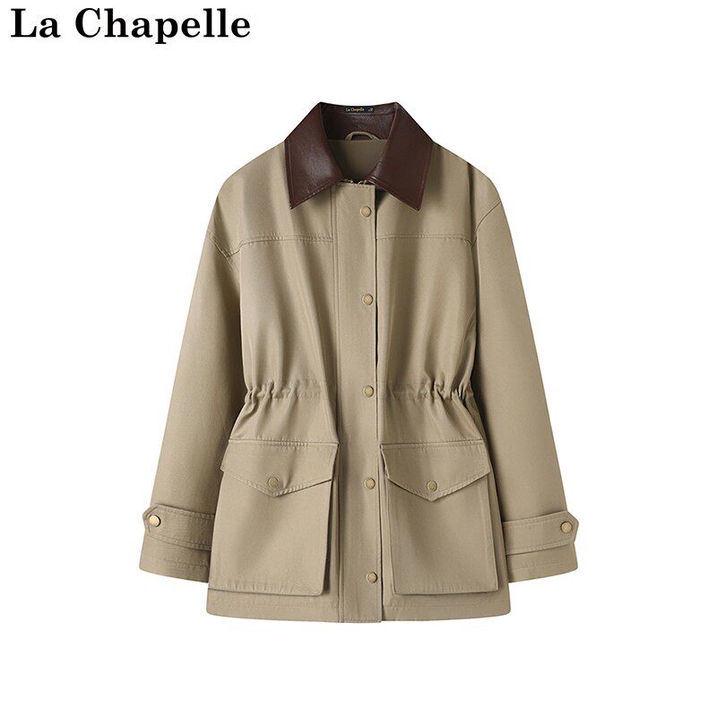 拉夏贝尔/La Chapelle秋季新款翻领收腰美式复古休闲气质工装风衣