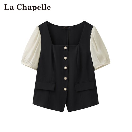 拉夏贝尔/La Chapelle春夏新款休闲风方领雪纺拼接通勤短袖衬衫女