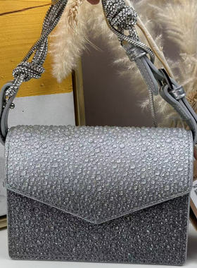 意大利轻奢品牌银色渐变满钻精致链条手提斜挎包包402623