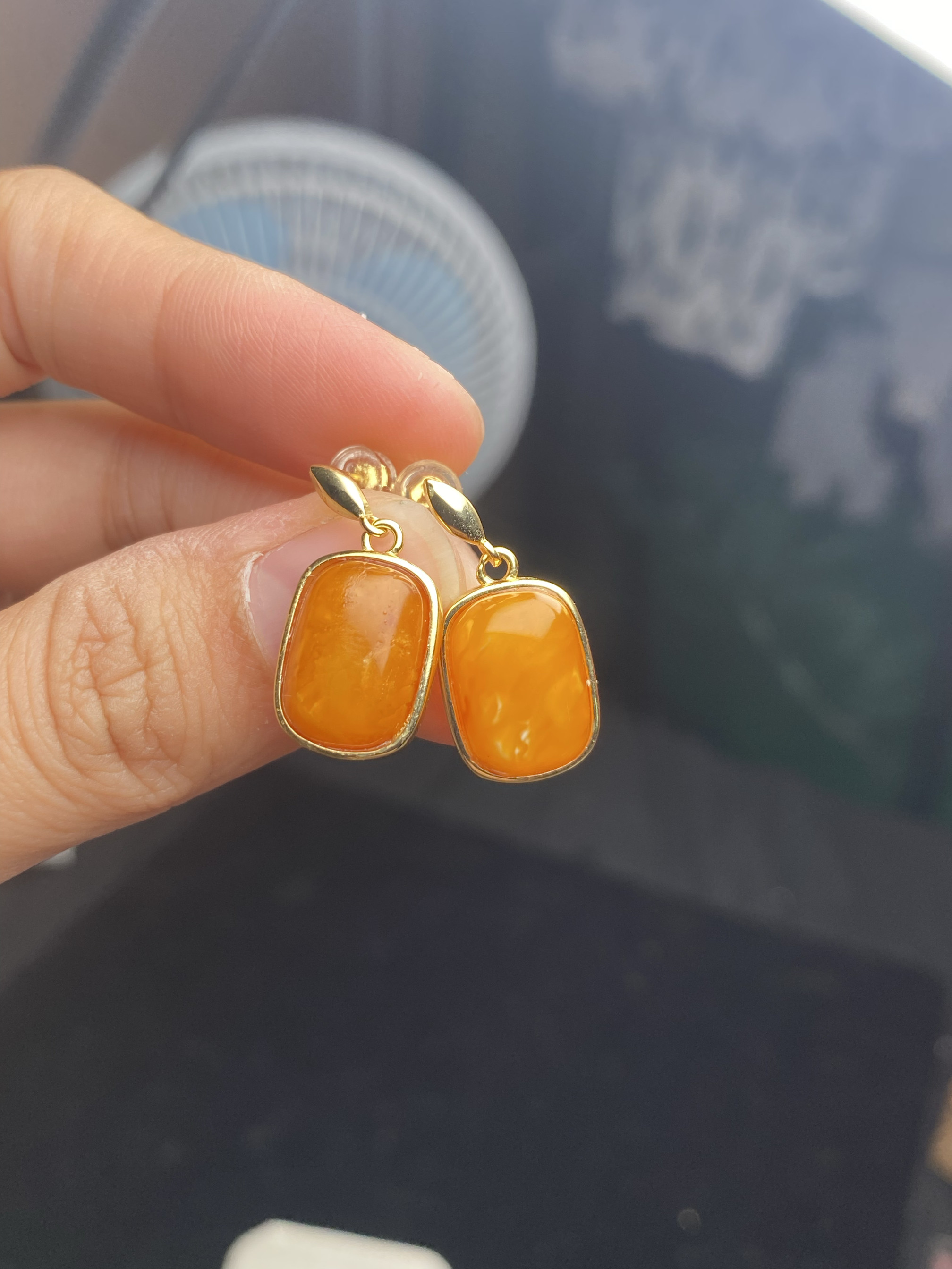 天然蜜蜡方形耳钉 俄料满蜜轻奢百搭欧款时尚精致款 925银镶 保真