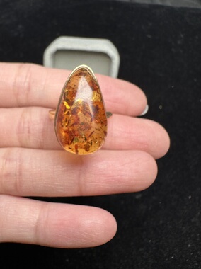 纯天然花珀水滴戒指，俄料天然爆花15*25mmMM 4.1克 925银镶 保真