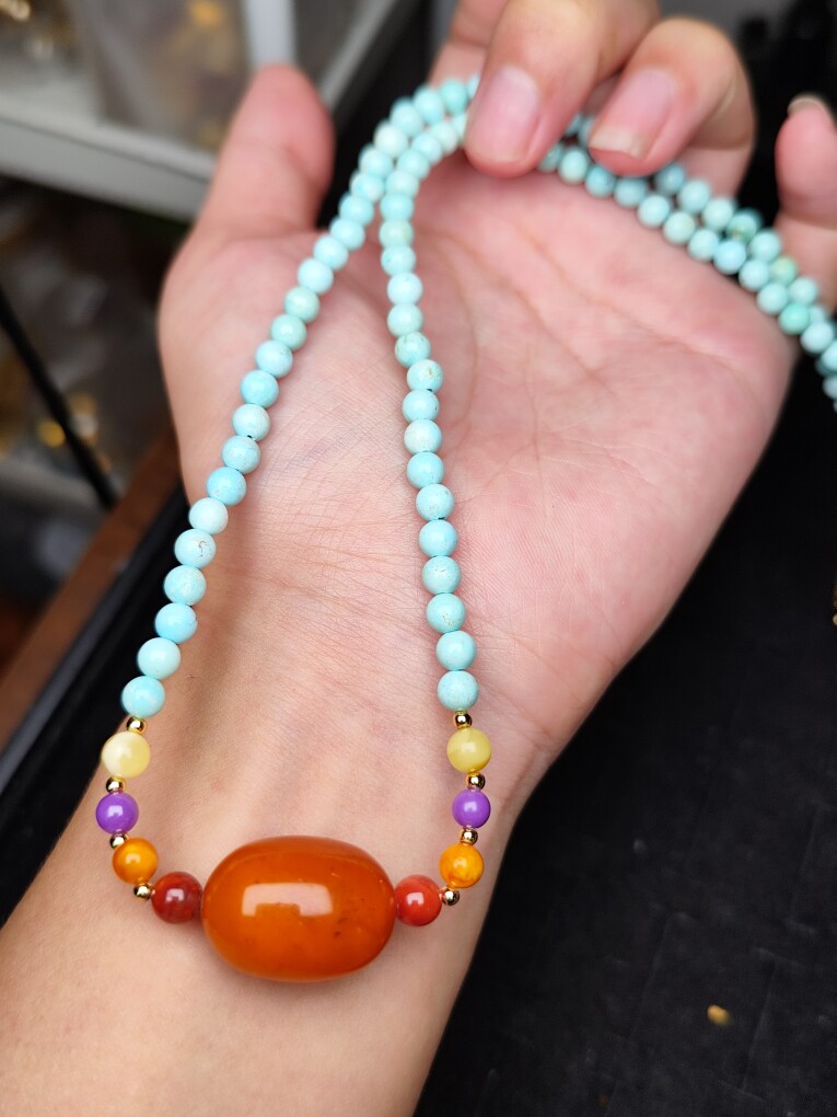 纯天然原矿绿松石搭配天然蜜蜡枣珠项链 百搭时尚轻奢5mm 保真