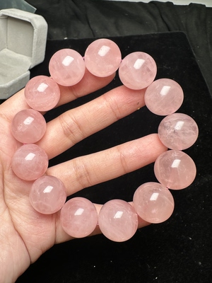 纯天然马达加斯加粉晶圆珠手链 高粉18mm 仙气十足重量107克 保真