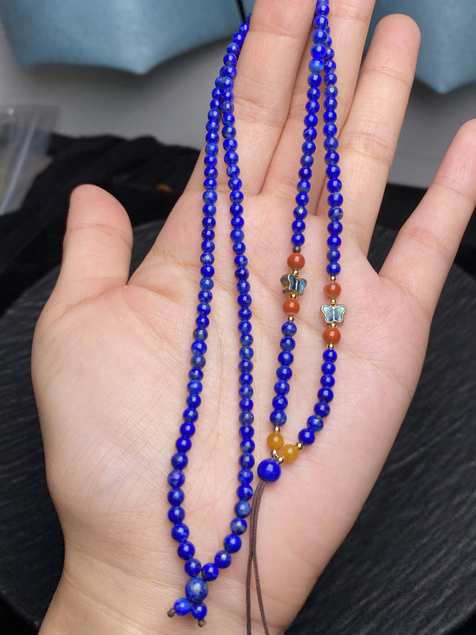 纯天然青金项链，帝王蓝3.5mm老料12.9克 搭配天然南红+蜜蜡 保真