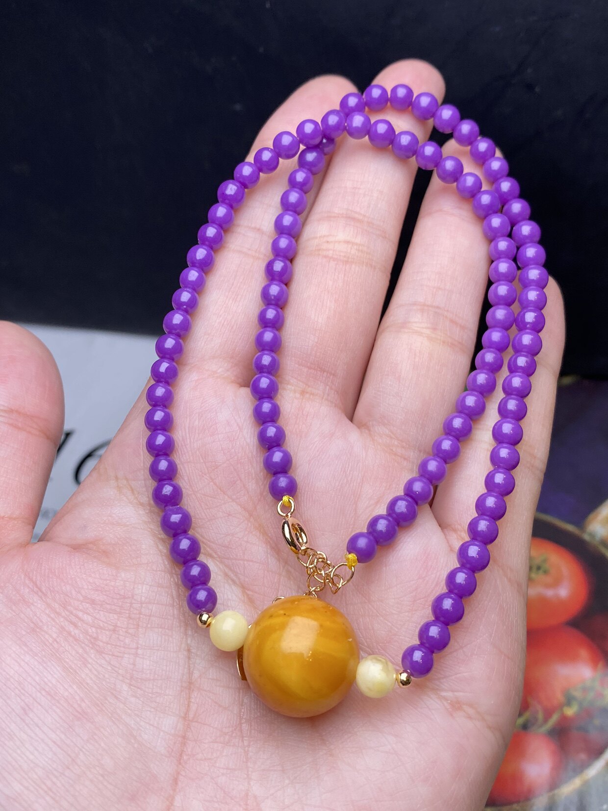 天然老蜜圆珠项链搭配天然美国紫云母4.5MM 大气百搭锁骨项链