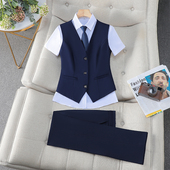 气质职业装 宝蓝色西装 银行工装 女夏季 马夹坎肩酒店工作服 马甲套装