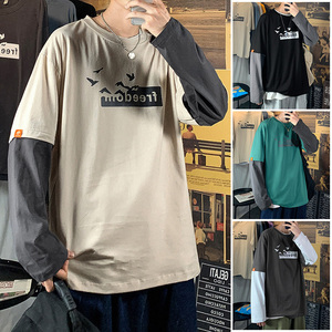 秋季新款假两件时尚港风圆领T恤卫衣长袖男XZ1415-2#TC503#P25图片