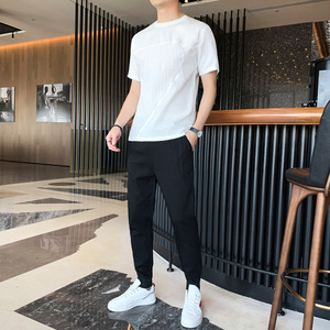 夏季新款圆领T恤短袖套装店主风微潮特殊面料男XZ1415-2#TZ02#P63图片
