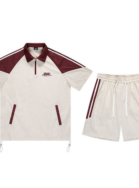 男士短袖Polo衫2025夏季薄款翻领T恤新款双拼色宽松休闲套装