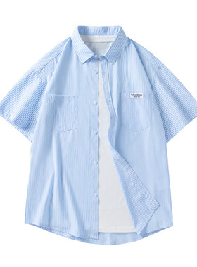 条纹衬衫短袖男夏季日系复古美式潮牌贴标宽松休闲短袖衬衣