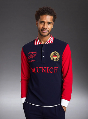 新品长袖polo衫男慕尼黑欧美运动休闲轻奢棉质撞色刺绣字母徽章