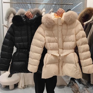 真狐狸毛大毛领羽绒服女2025冬季新款系腰带收腰中长款白鸭绒外套
