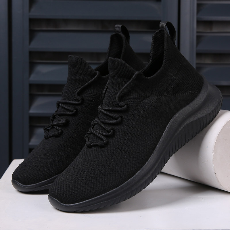 纯黑色运动鞋男夏季薄款软底防滑耐磨全黑工作鞋休闲透气网面鞋子