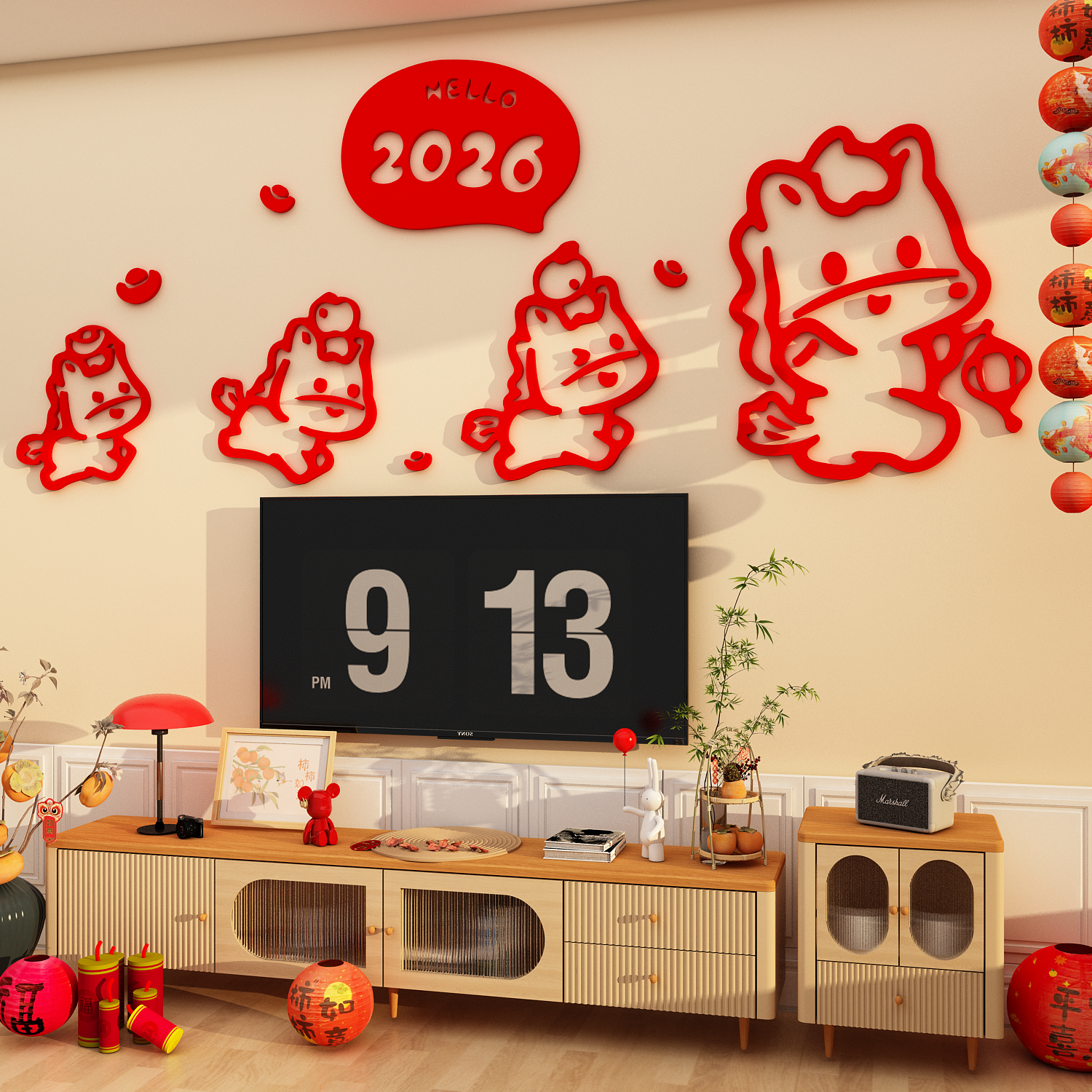 2026农历马新年装饰春节电视机背景墙面布置客厅3d立体贴挂件点缀