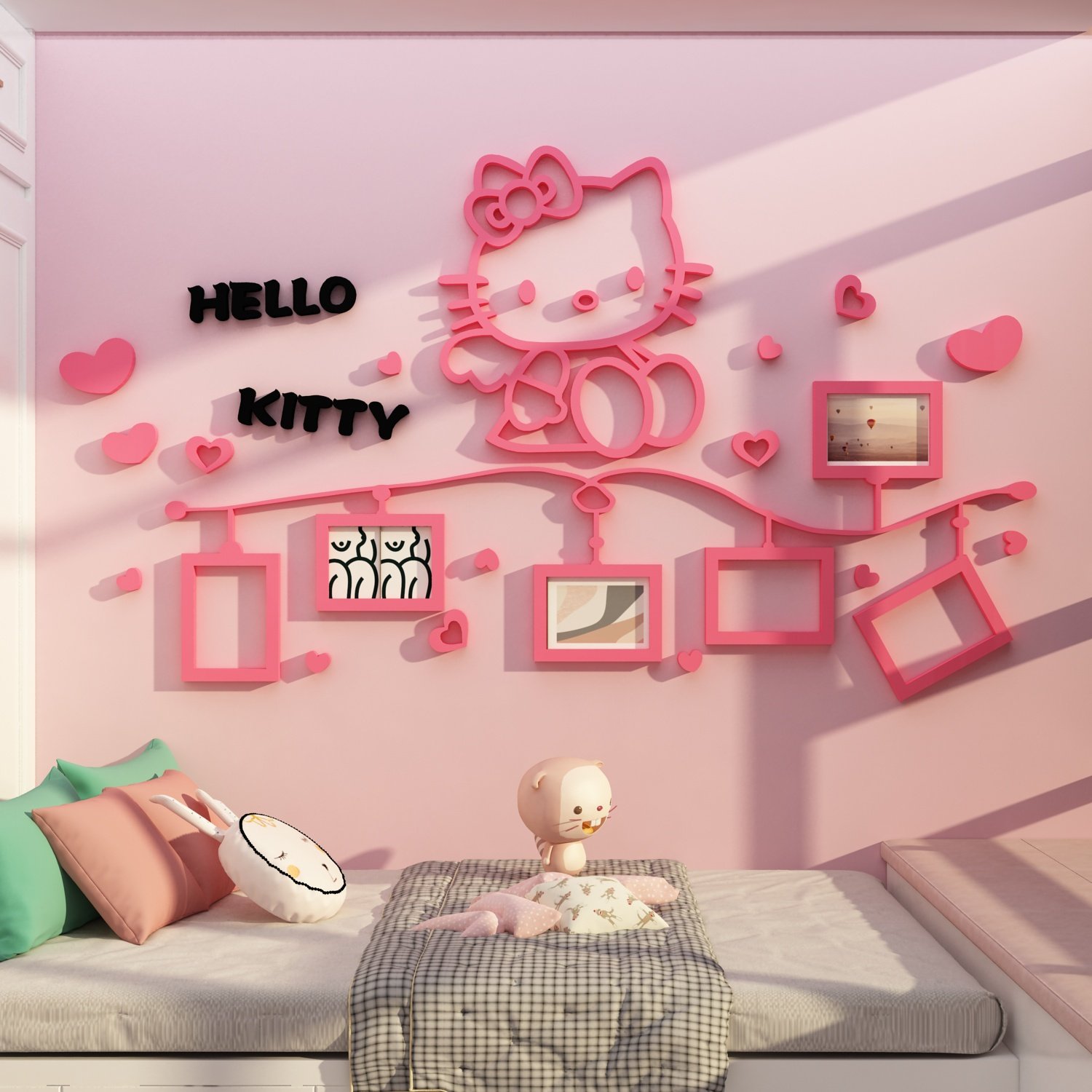 hellokitty儿童房间布置装饰品小公主床头卧室照片墙面改造画网红