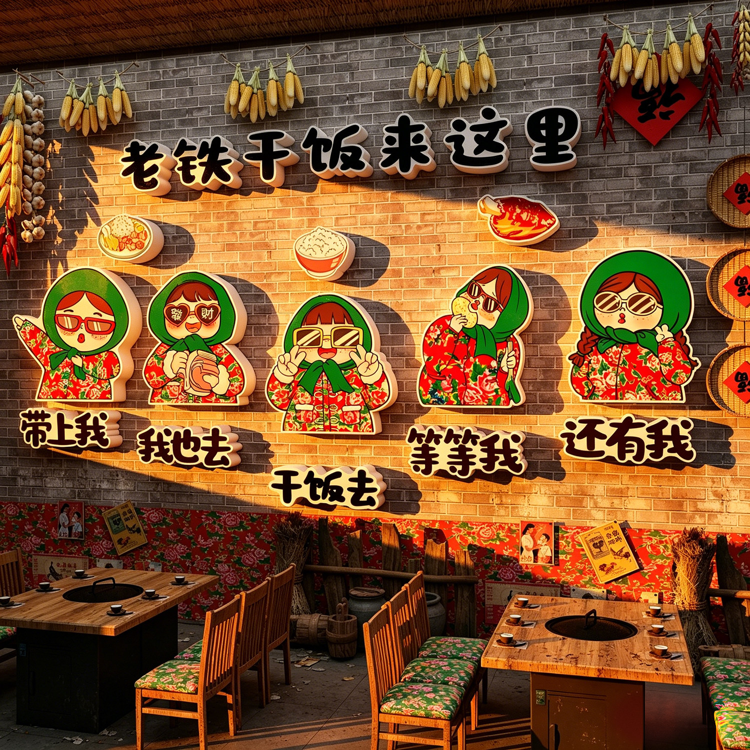 东北风格饭店墙面装饰修用品农家小院铁锅炖菜馆烧烤创意特色元素