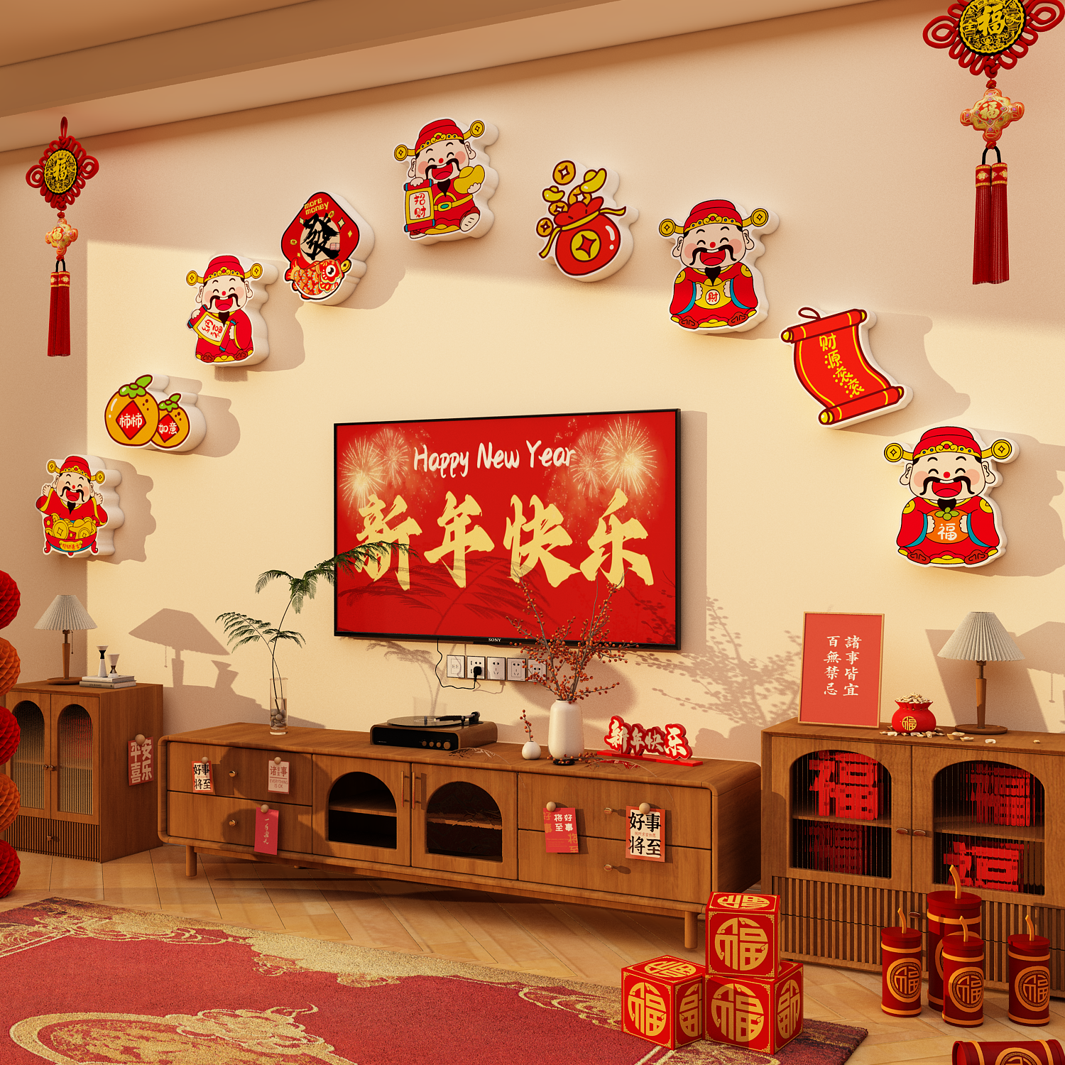 2026马新年春节氛围布置电视机背景墙面装饰上方点缀挂件3d立体贴