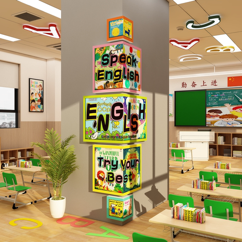 英语教室布置装饰拐转角培训机构工作柱子环创文化墙面贴画幼儿园