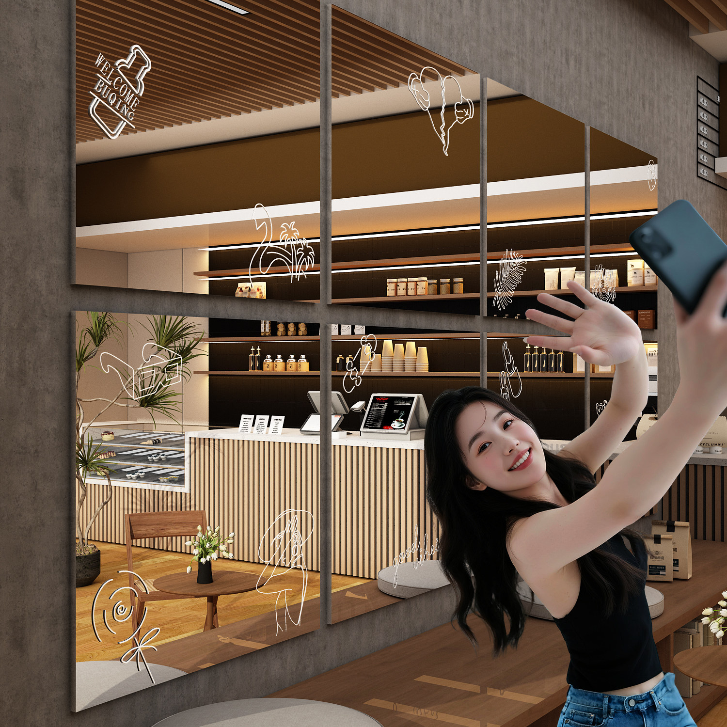 涂鸦镜子奶茶咖啡店背景形象墙面装饰商用网红打卡点氛围布置ins,家居饰品,软装墙贴,淘宝优惠券,粉丝福利购,淘宝优惠卷