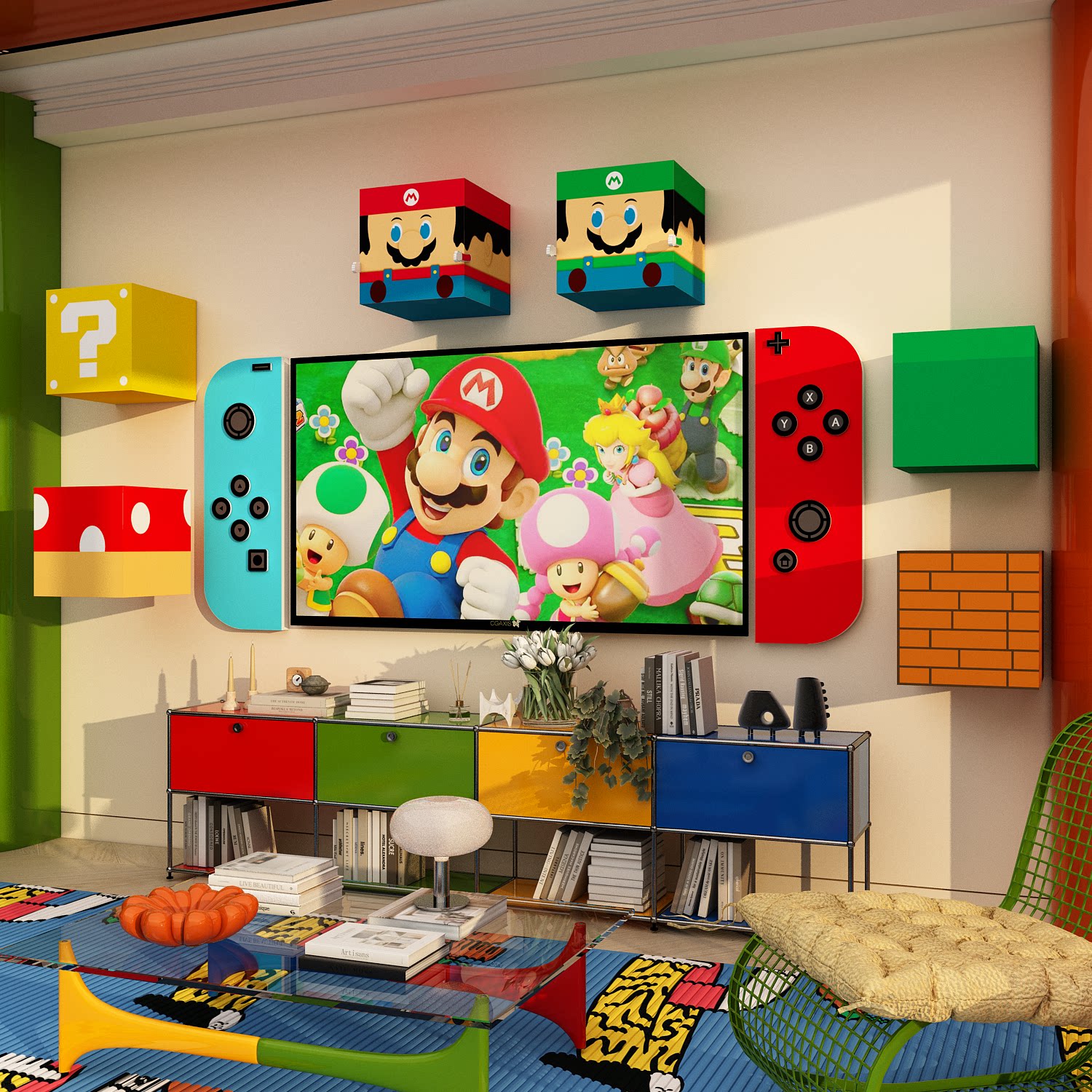 Switch电视背景游戏机手柄墙面装饰品上方点缀改造马里奥贴纸挂画
