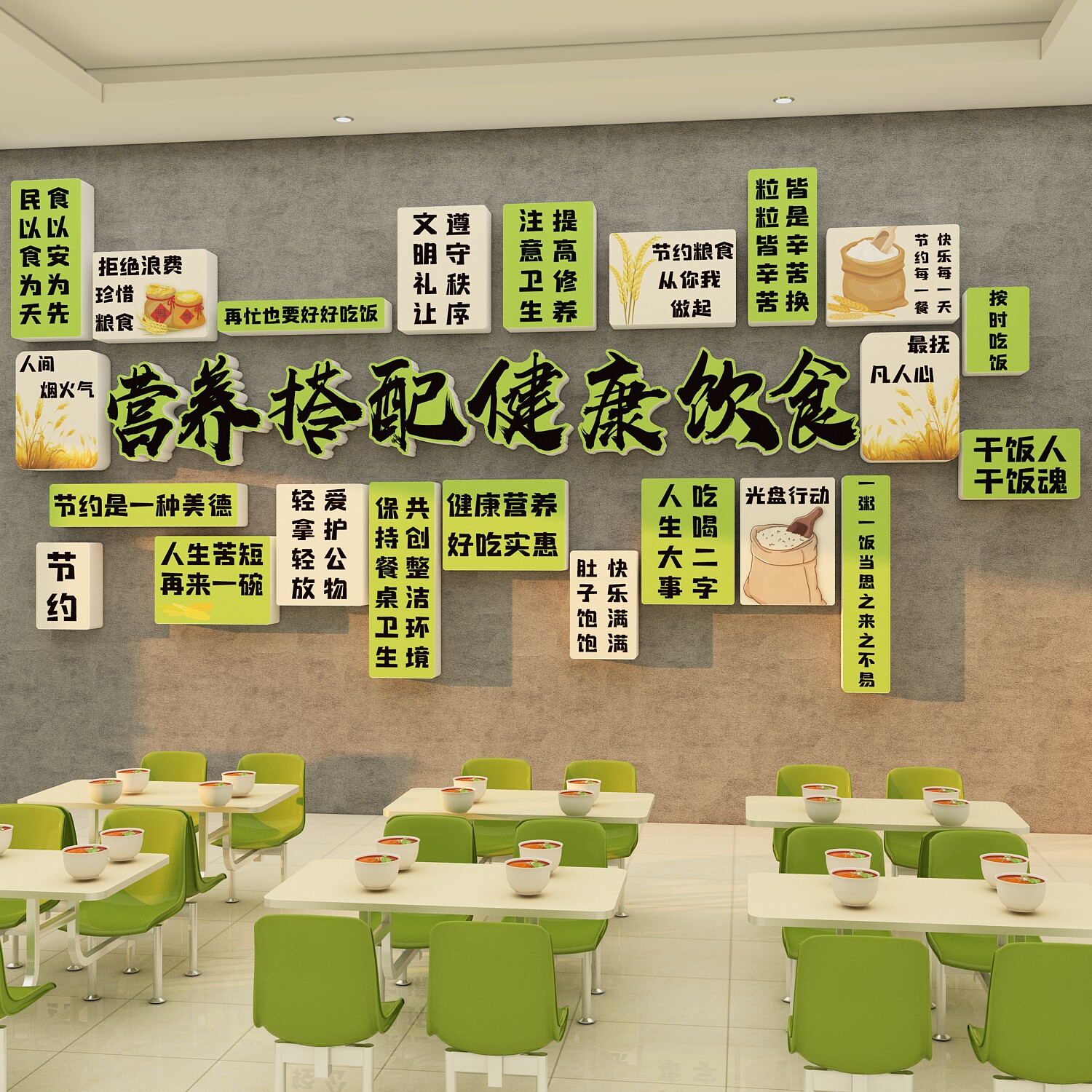 食堂文化墙贴纸画员工墙面装饰画快餐饮店厅节约粮食宣传标语标识