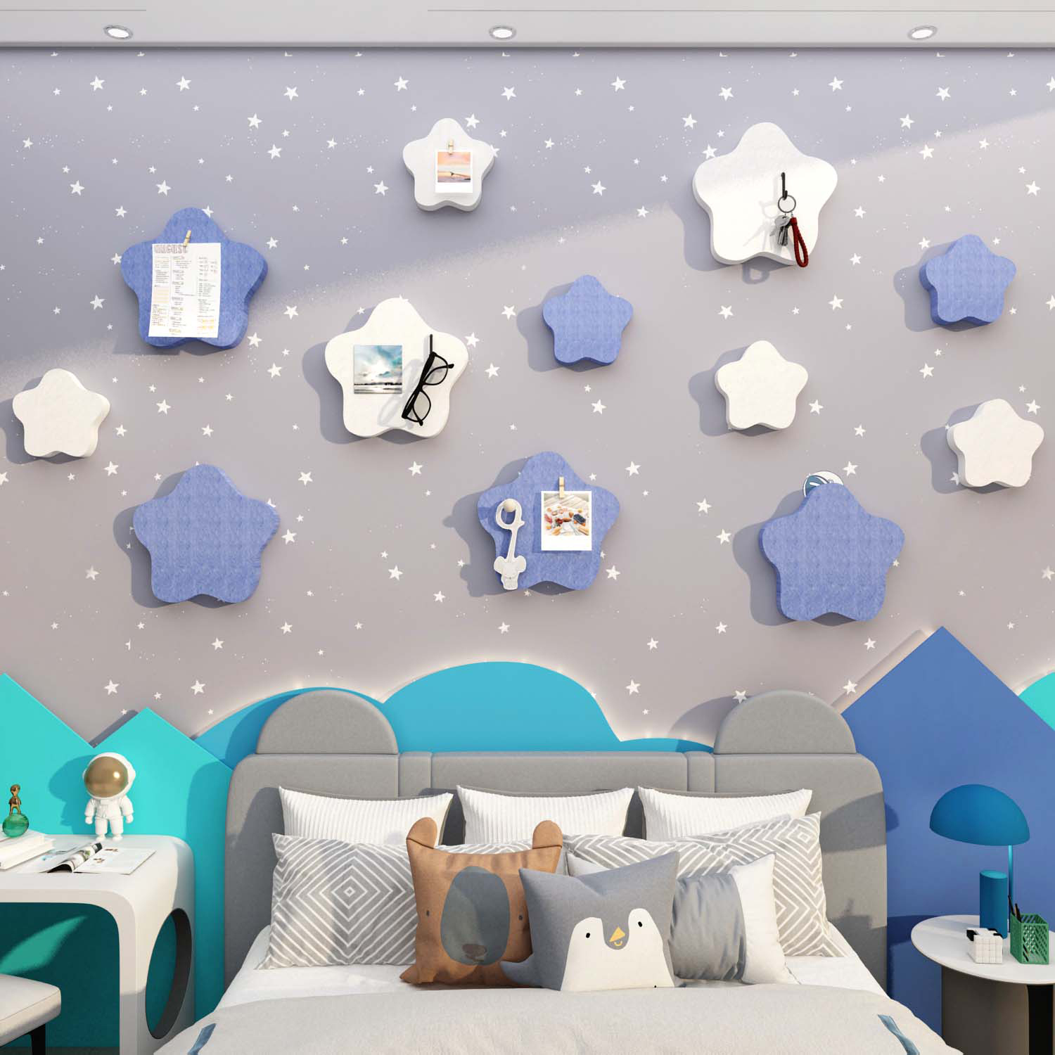 儿童房间墙面布置装饰天花板房屋顶改造卧室床头画星毛毡贴纸遮丑