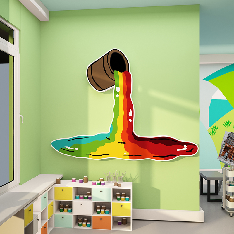 画室场景氛围布置美术教室墙面装饰幼儿园彩虹环创艺术节作品展示