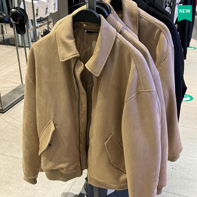 ZA男装翻领棉服宽松绒面夹克外套