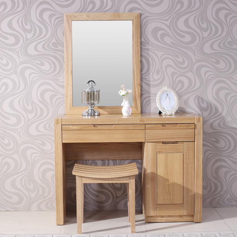水曲柳纯实木梳妆台卧室现代简约多功能原木色化妆桌化妆桌镜子