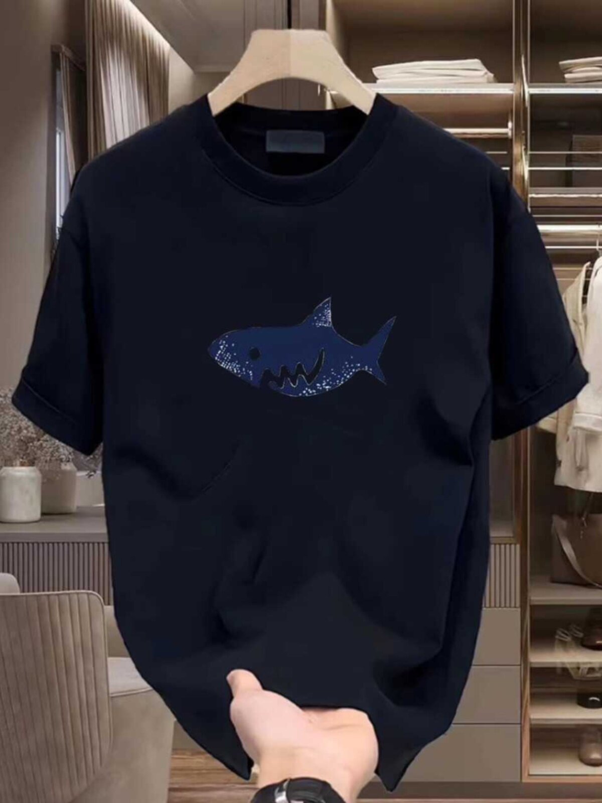 2024 여름 고품질 상어 티셔츠 순면 반팔 남성용 및 여성용 루즈하고 다재다능하고 트렌디하고 패셔너블 한 라운드 넥 탑