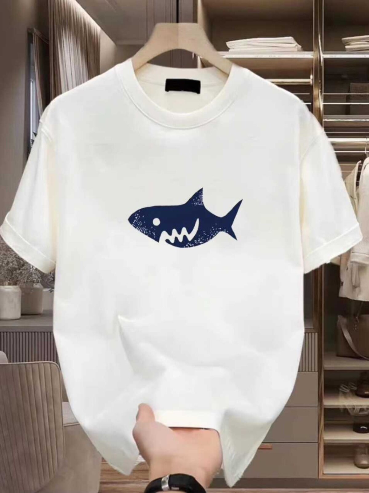 2024 여름 고품질 상어 티셔츠 순면 반팔 남성용 및 여성용 루즈하고 다재다능하고 트렌디하고 패셔너블 한 라운드 넥 탑