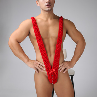 红色本命年男Y型连体衣背带 饰免脱 圣诞老人角色扮演铃铛蝴蝶结装