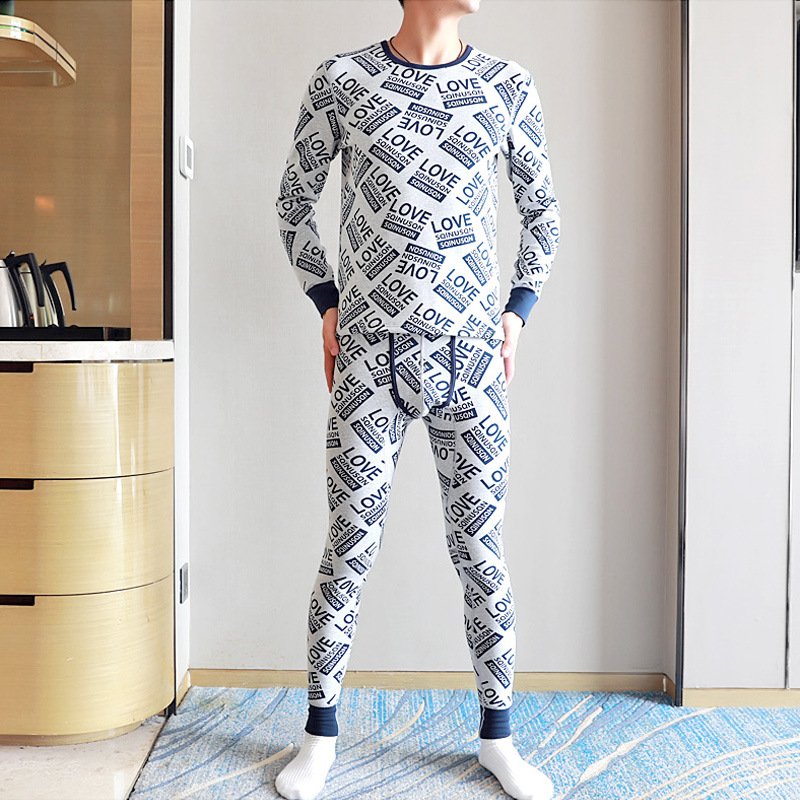 5色 加绒加厚韩版男士保暖内衣套装 字母印花圆领青年