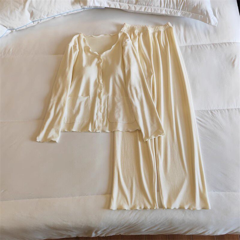海岛绒睡衣女生春秋冬季长袖带胸垫简约风可外穿荷叶边家居服套装
