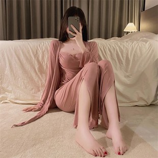春夏秋冬新款 带胸垫睡衣女四季 套装 款 纯欲风家居服 莫代尔吊带长裤